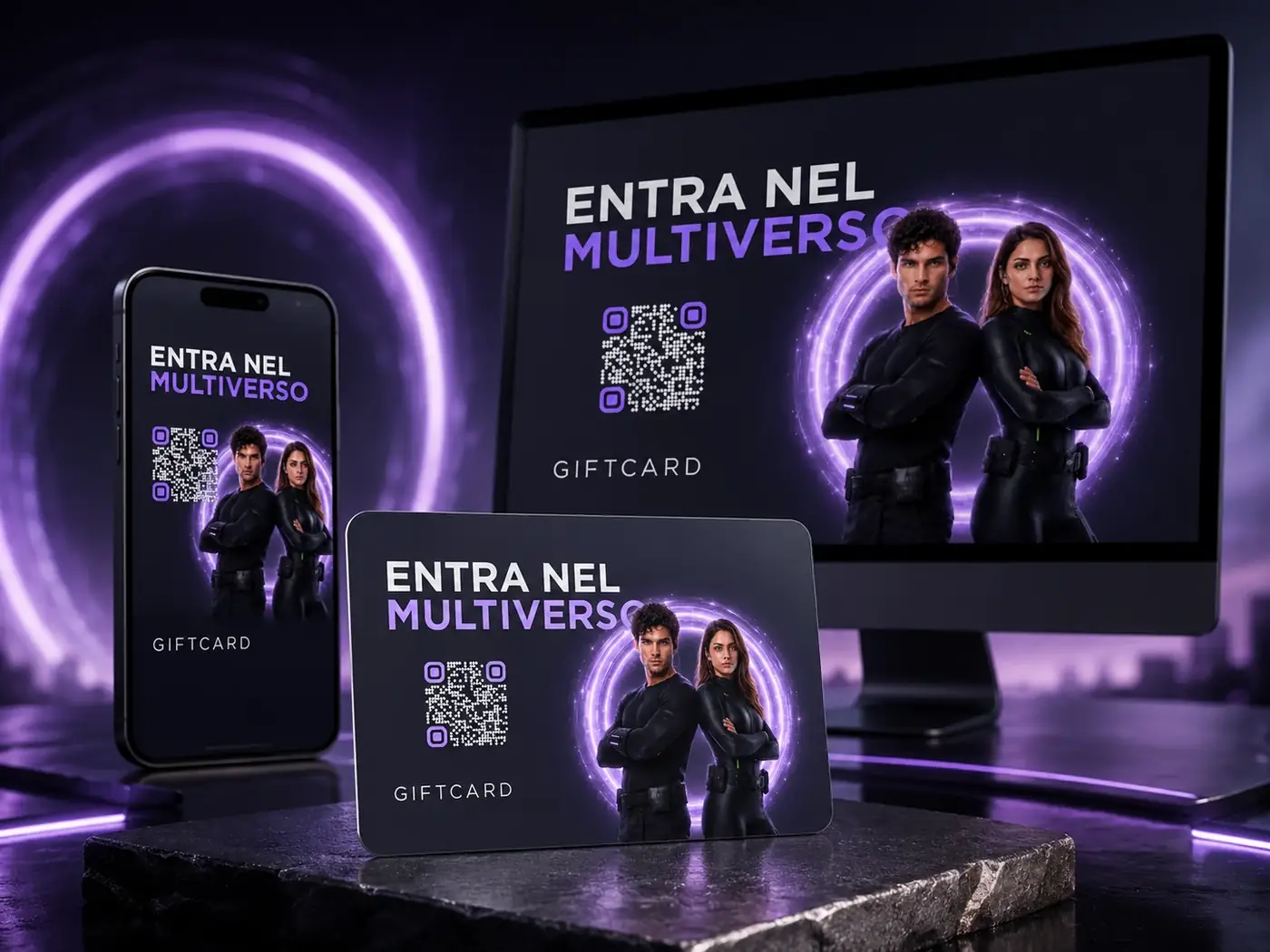 Gift Card Multiverso su smartphone, card fisica e monitor