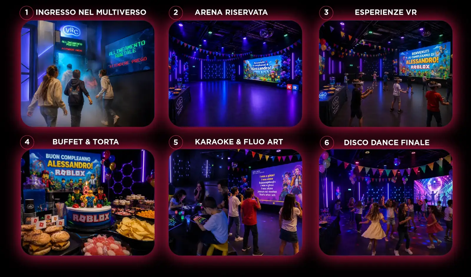 Timeline del compleanno VRC: ingresso nel multiverso, arena riservata, esperienze VR, buffet e torta, karaoke e fluo art, disco dance finale