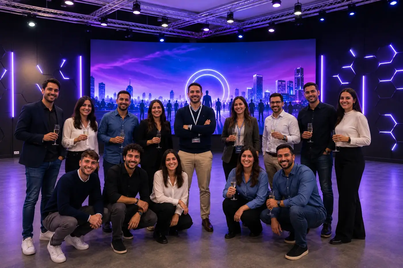 Team aziendale in posa nella sala VRC Multiverse Agency
