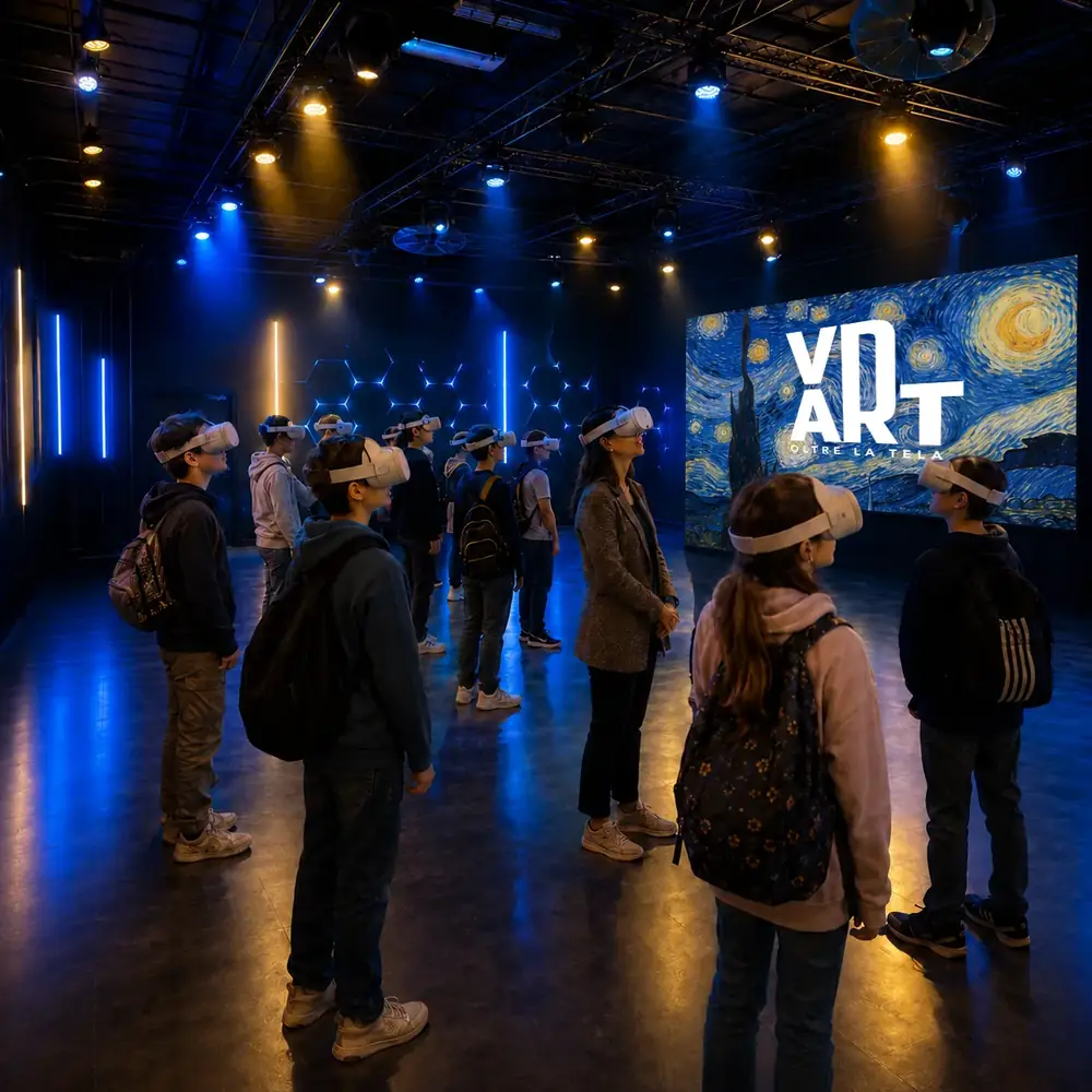 Studenti con visori VR in sala vArt davanti a Notte stellata