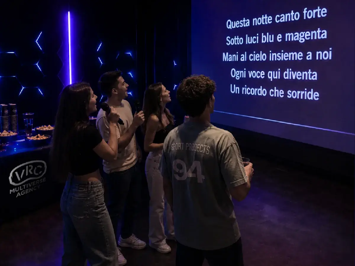 Amici al karaoke VRC con lyrics sullo schermo