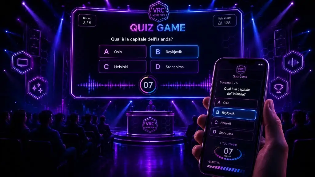 Quiz Game su maxischermo e smartphone: domanda in diretta, timer e pubblico in sala